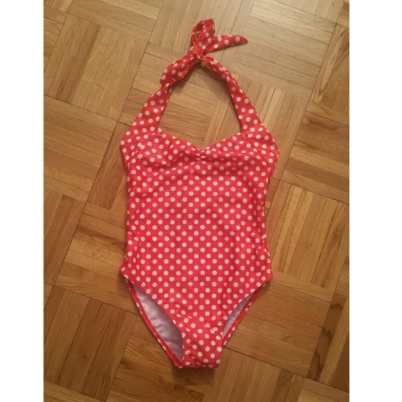 Girl Swimsuit, One Piece Polka Dot Halter, Red - Picture 3 of 5